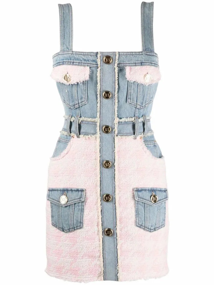 Wjczt HIGH STREET Newest 2024 Designer Fashion Women Spaghetti Strap Denim Tweed Houndstooth Pachwork Fringed Dress Tunics Sale discount Wjczt HIGH STREET Newest 2024 Designer Fashion Women Spaghetti Strap Denim Tweed Houndstooth Pachwork Fringed Dress Tunics Sale discount