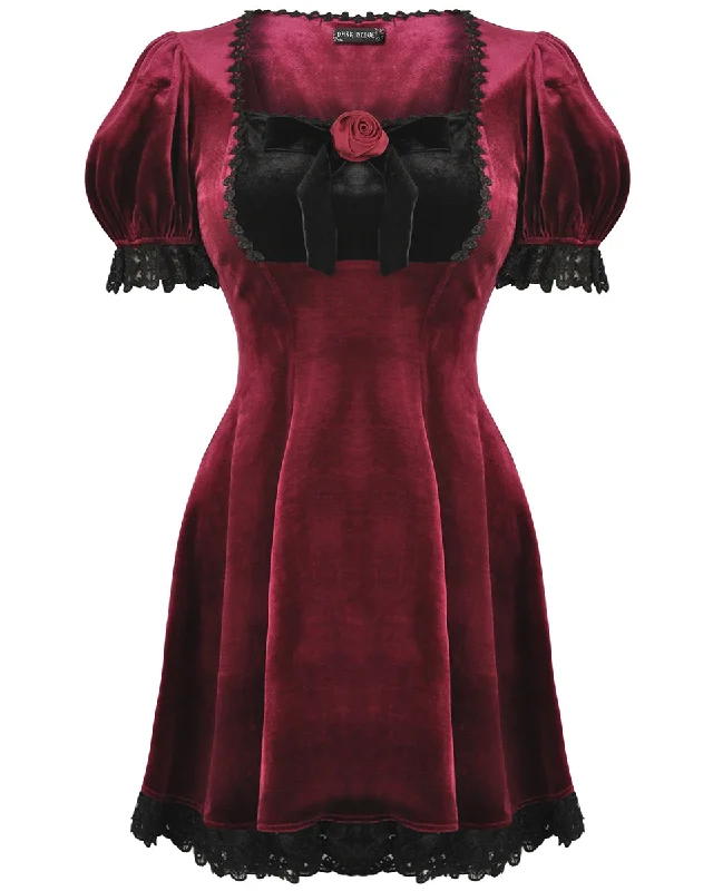 Dark In Love Womens Gothic Lolita Velvet Mini Evening Dress - Wine Red Elegant Long Evening