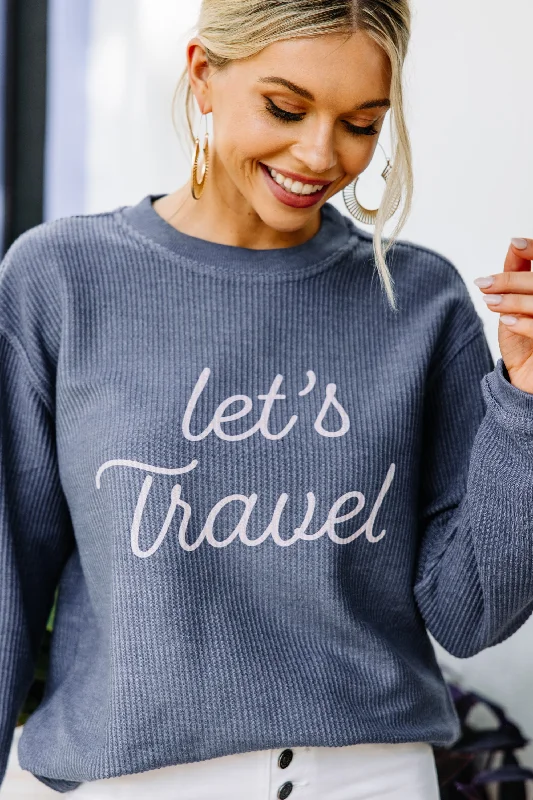 Let's Travel Corded Navy Blue Sweatshirt Hoodie with Hem Detail Decorative Unique