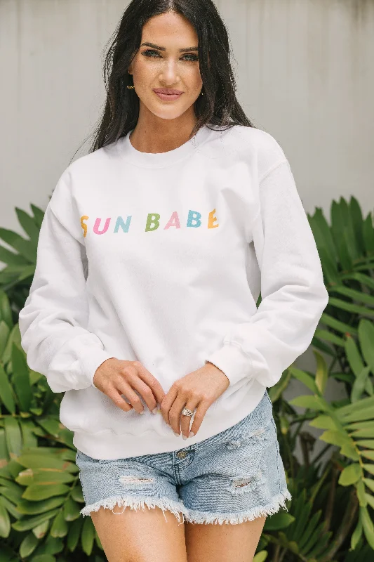Sun Babe White Graphic Sweatshirt Hoodie with Color Block Contrast Stylish