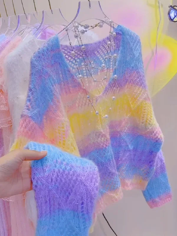 Pearls Vibrant Rainbow-Colored Knit Sweater Handmade Hand-knitted Hand-woven