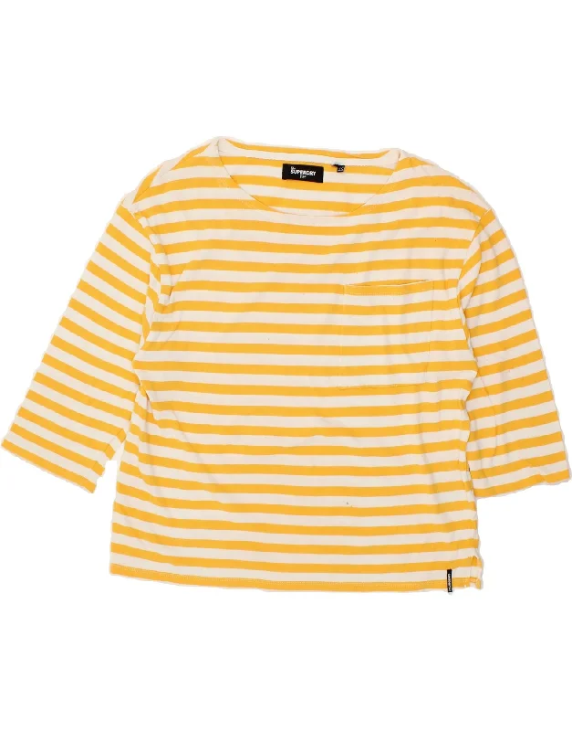 SUPERDRY Womens Boat Neck Jumper Sweater UK 12 Medium Yellow Striped Fitted Slim Tailored