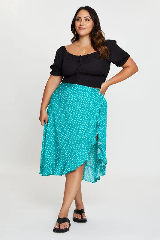 Floral Print Midi Skirt Ruffle Hem velvet skirt plush