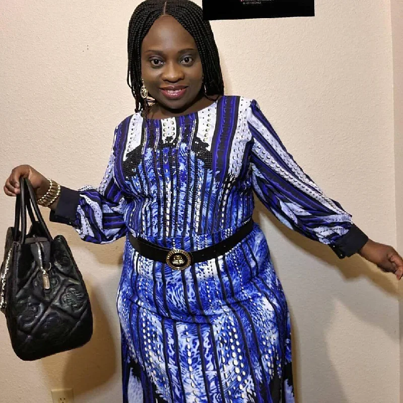 BELTED BLUE & WHITE PATTERNED LONG DRESS Tunics Prom sequined