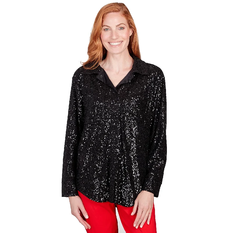 Ruby Rd. Womens Shining Sequin Snap-Front Shirt Jacket Zippered Front Buttoned Front Snap Front