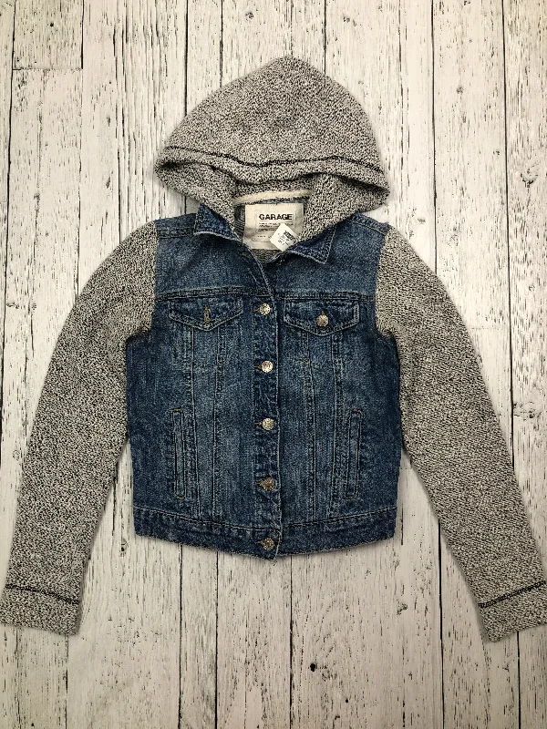 Garage blue grey denim hoodie jacket - Hers XS Hoodie with Zipper Placket Modern Functional Garage blue grey denim hoodie jacket - Hers XS Hoodie with Zipper Placket Modern Functional