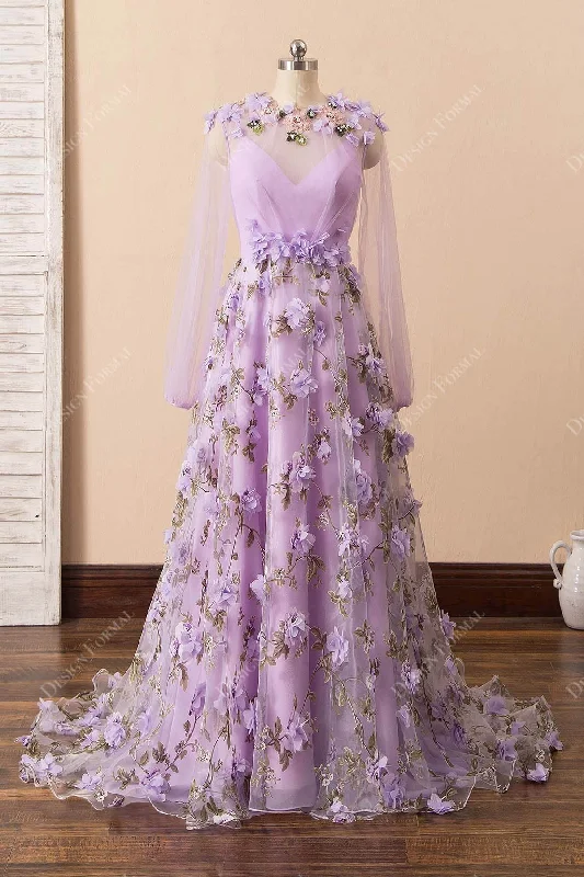 Fairy Flower Pearls Lilac Organza Illusion Sleeve Prom Dress Tunics Handmade artisanal