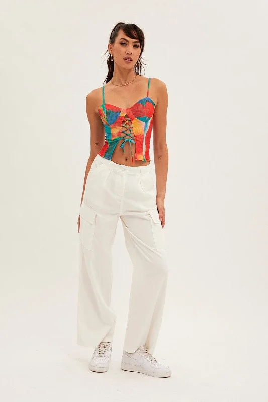 White Cargo Pants Relaxed Wide Leg Trendy Printed Pants