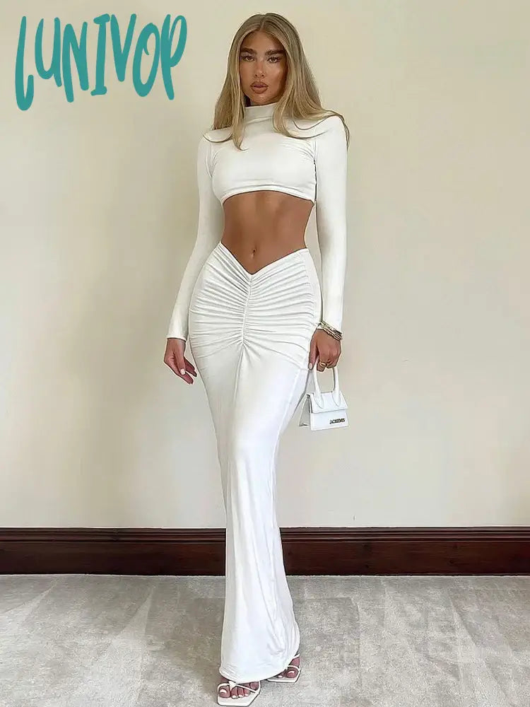 Lunivop Elegant White Long Sleeve 2 Piece Set Outfits for Women Club Party Top and Dress Sets Long Ruched Matching Sets Skirt Sets A-Line Day Work