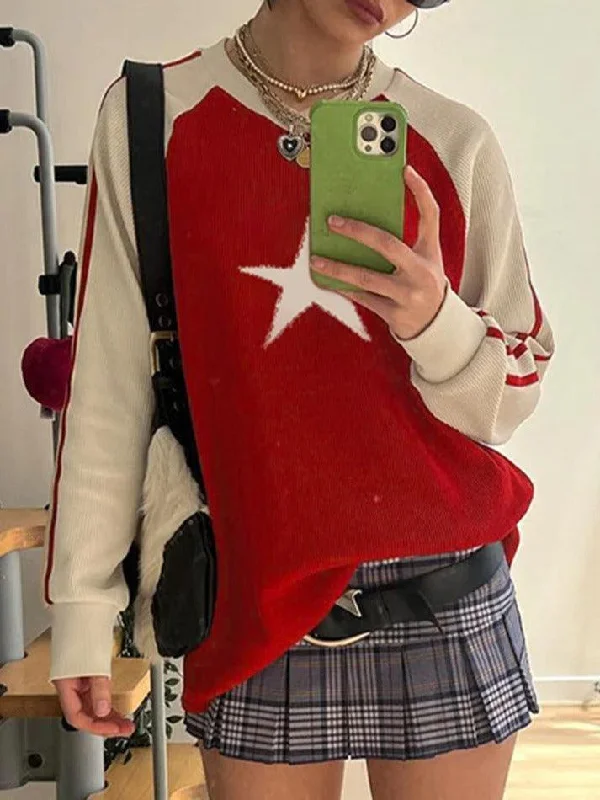 Vintage Contrast Color Star Raglan Sweater Hooded Caped Shawl Collar