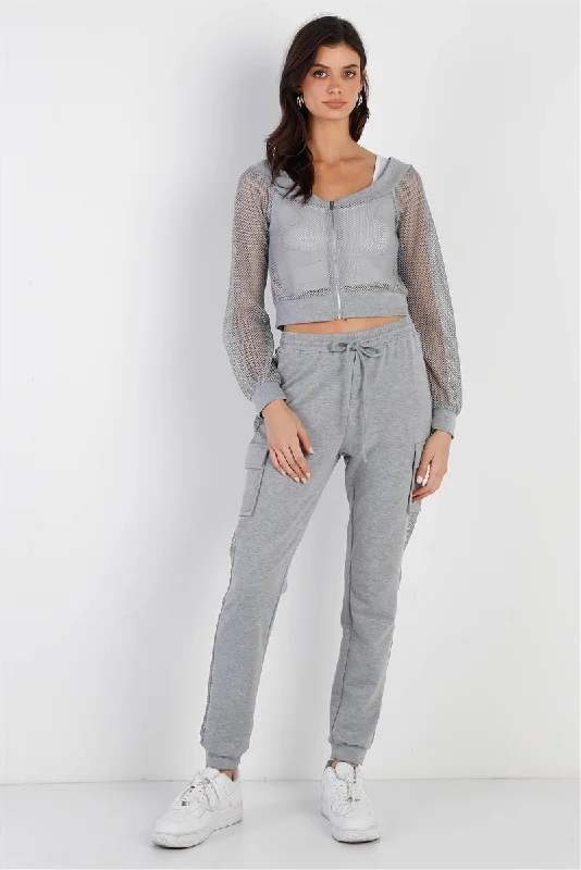 Heather Grey Contrast Fishnet Zip-up Top & Pants Set Trendy Work Pants