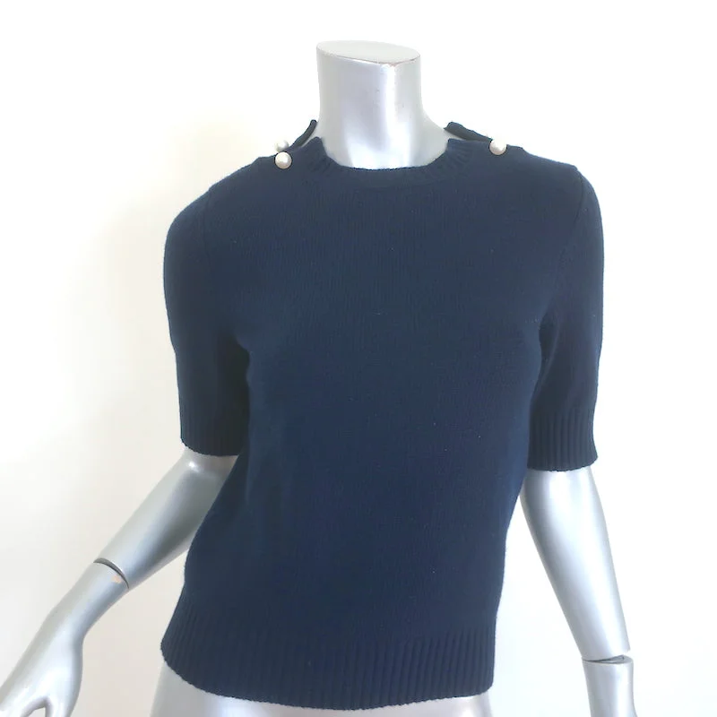 Chanel Pearl Pin-Embellished Cashmere Sweater Navy Size 36 Short Sleeve Top Striped Floral Plaid Chanel Pearl Pin-Embellished Cashmere Sweater Navy Size 36 Short Sleeve Top Striped Floral Plaid