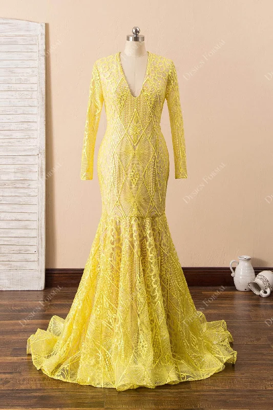 Elegant Yellow Lace Sequin V-neck Long Sleeve Mermaid Prom Dress Tunics Office stylish