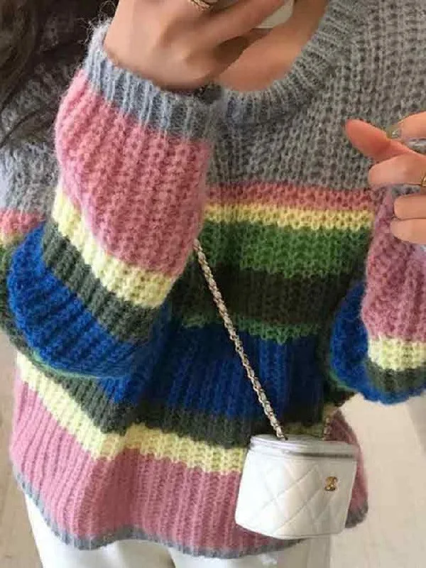 Knit Rainbow Stripe Loose Sweater Layered Multi-layer Single Layer