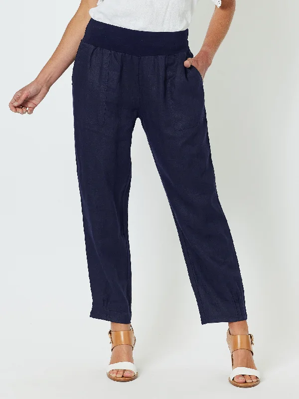 Sarah Linen Pleat Hem Pant - Navy Modern Stretch Trousers