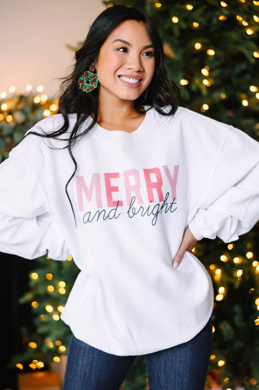 Merry & Bright White Graphic Corded Sweatshirt Hoodie with Elastic Waist Stretchable Comfortable Merry & Bright White Graphic Corded Sweatshirt Hoodie with Elastic Waist Stretchable Comfortable