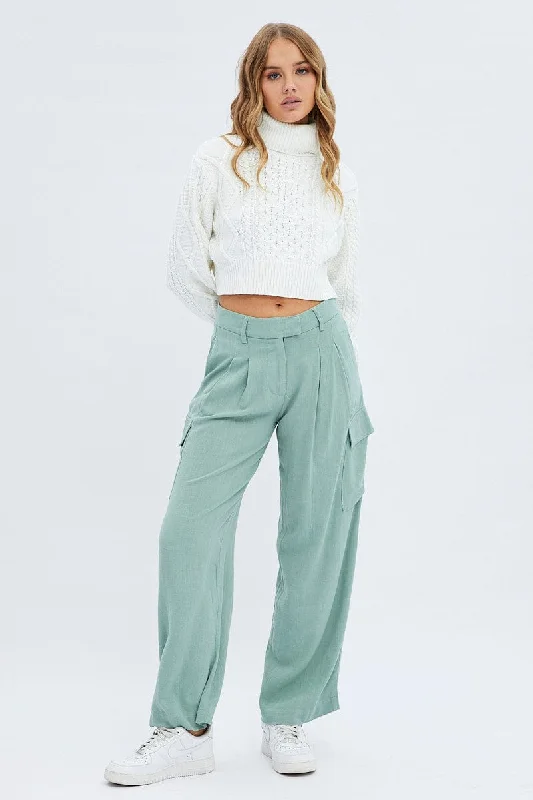 Green Cargo Pants Low Rise Wide Leg Stretch Fit Pants