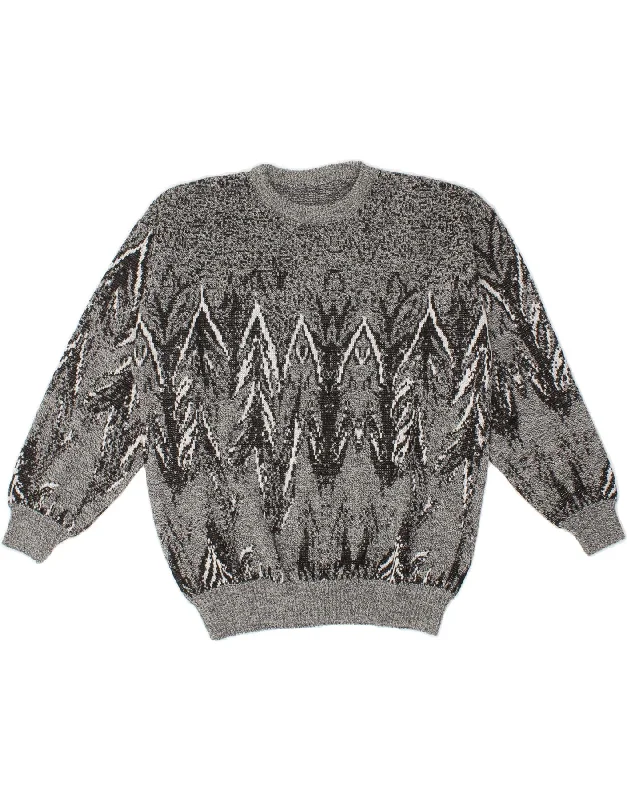 VINTAGE Womens Crew Neck Jumper Sweater UK 14 Large Grey Chevron Seamless Knitted Crochet