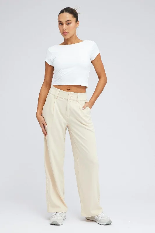 Beige Wide Leg Pants High Rise Elegant Trouser Pants