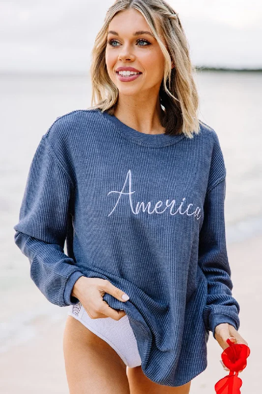 America Navy Blue Corded Embroidered Sweatshirt Hoodie with Hem Lace Feminine Delicate America Navy Blue Corded Embroidered Sweatshirt Hoodie with Hem Lace Feminine Delicate