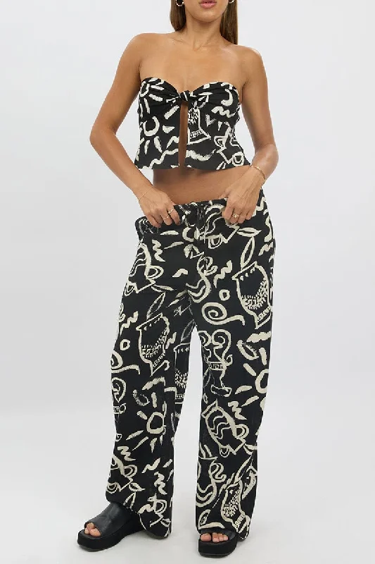 Black Abstract Wide Leg Pants High Rise Stretch Fit Pants