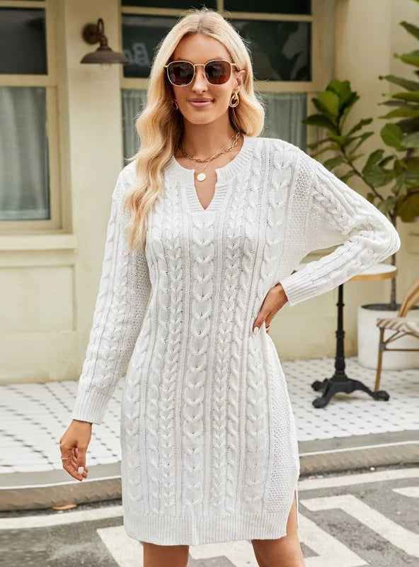 CLASSY LONG SOLID COLOR SPLIT LOOSE TWISTED SWEATER DRESS Handmade Hand-knitted Hand-woven