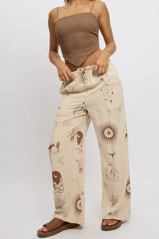 Beige Abstract Wide Leg Pants High Rise Elegant High-Waist Pants