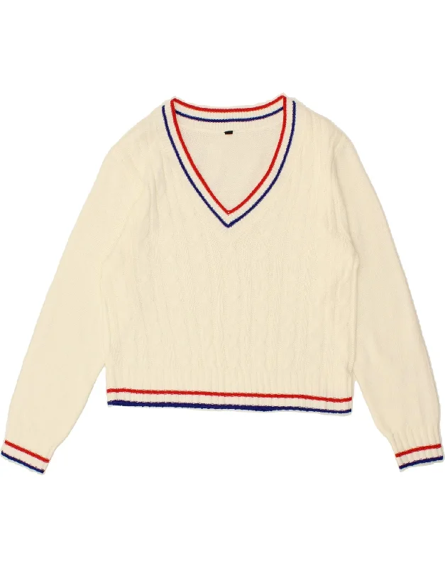 VINTAGE Womens Crop V-Neck Jumper Sweater UK 14 Medium Beige Solid Print Embellished VINTAGE Womens Crop V-Neck Jumper Sweater UK 14 Medium Beige Solid Print Embellished