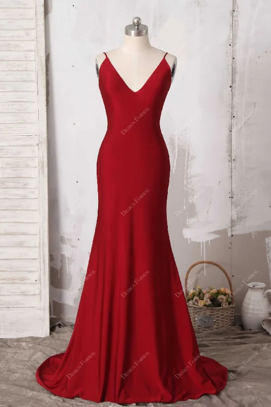 Red Jersey V-neck Simple Mermaid Sleeveless Evening Dress Tunics Short Trendy