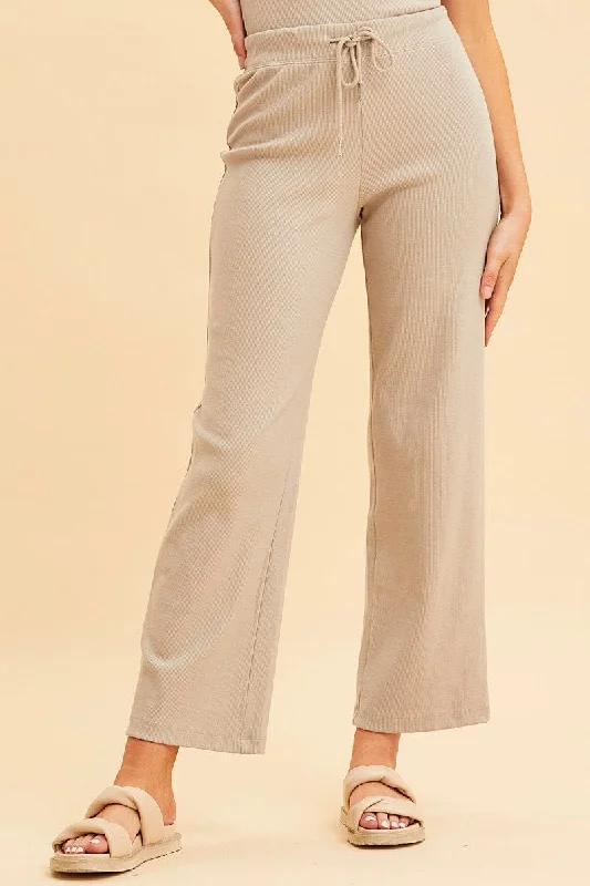 Beige Wide Leg Pant Rib Crop Drawstring Waist Casual Track Pants