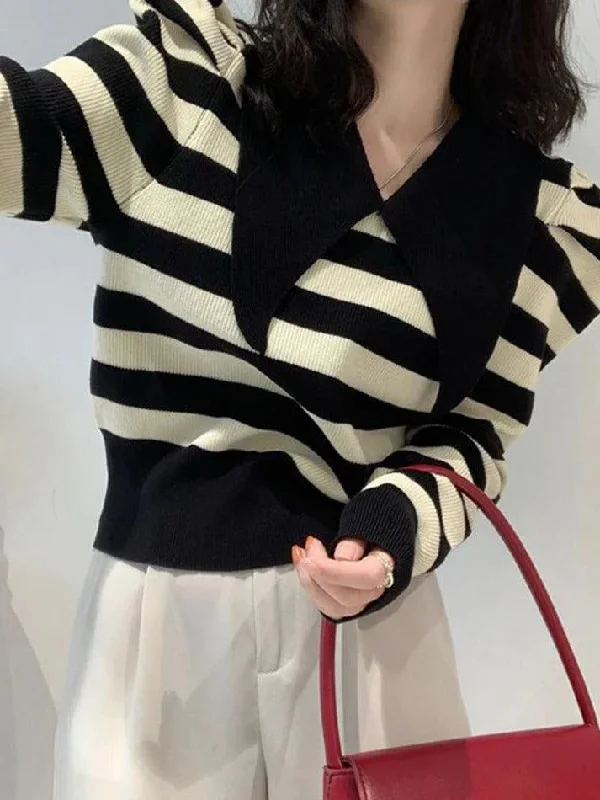 Striped Puff Sleeve Knit Sweater Spandex Blend Rayon Blend Denim Blend