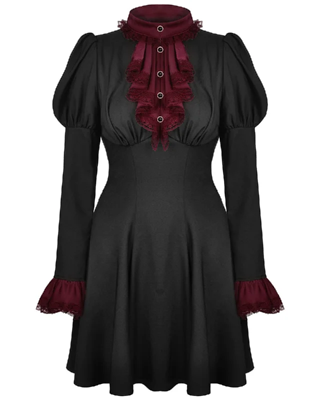 Dark In Love Gothic Lace Frilled Cravat Dress - Black & Red Crew Neckline Casual