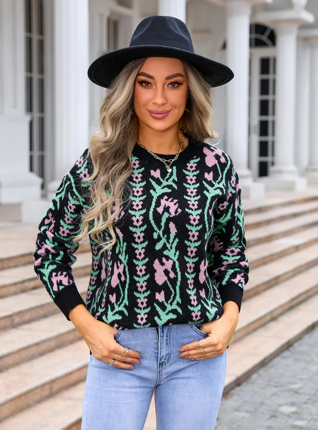 Jacquard Branch Round Neck Flower Sweater Front Pockets Side Pockets Patch Pockets