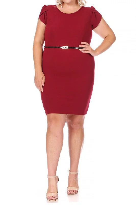 Women's Elegant Plus Size Solid Pencil Work Dresses Short Sleeve Round Neck with Belt Halter Neckline Beach