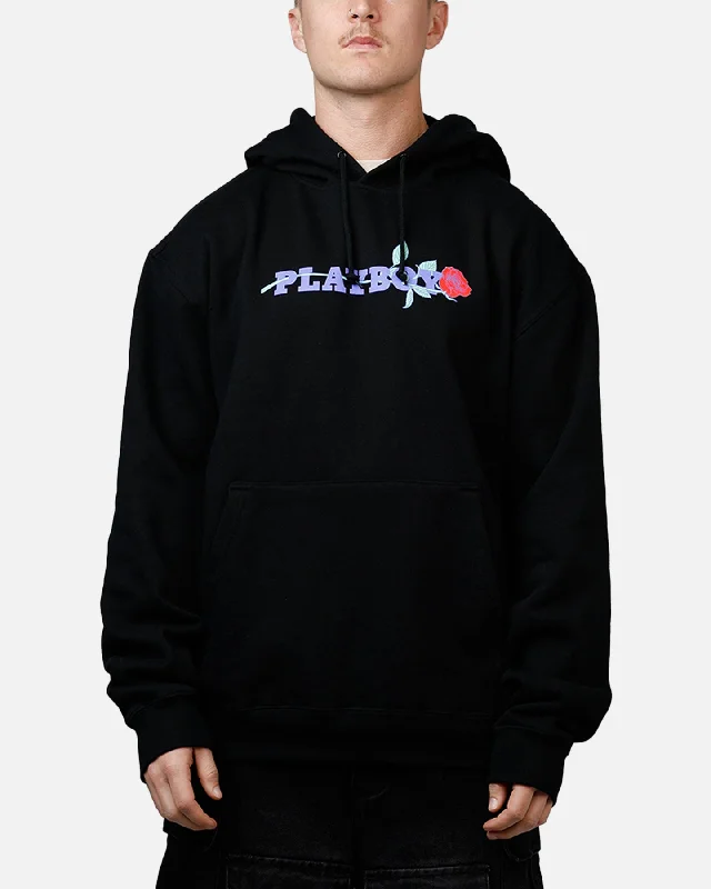 Playboy Rose Hoodie Black Hoodie with Hem Elastic Stretchable Comfortable