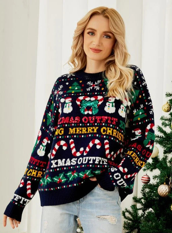 FASHION LOOSE CHRISTMAS TREE CREWNECK SEQUINED SWEATER Ribbed Striped Patterned