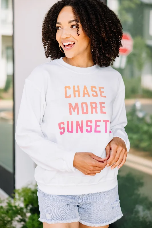 Chase More Sunsets White Graphic Sweatshirt Hoodie with Neon Bright Vibrant