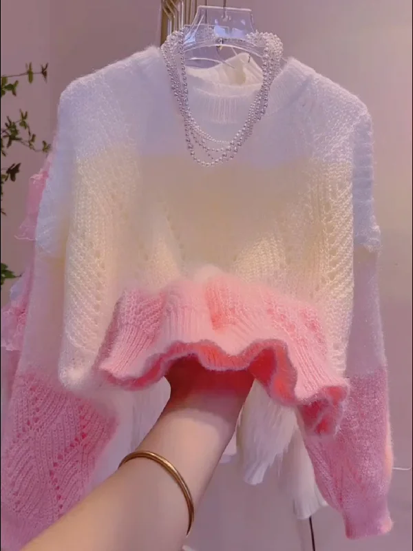 Soft Pink Fluffy Gradient Sweater Spandex Rayon Corduroy