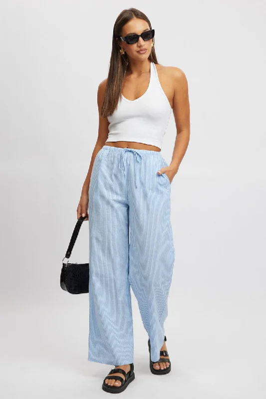 Blue Stripe Wide Leg Pants High Rise Casual Sweatpants Style