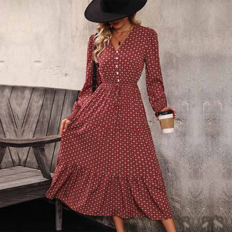 IKEARLAX New cross-border dress long-sleeved ruffle edge long dress V-neck buckle skirt red retro women's dress Boatneck Modish Everyday