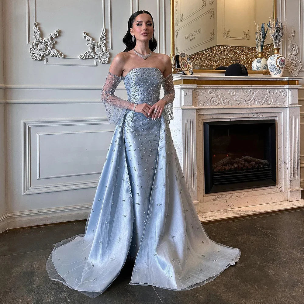 Serene Hill 2024 Arabic Strapless Blue Beaded Pearls Luxury Dubai Evening Gowns with Side Skirt for Women Wedding party LA72705 corduroy skirt durable