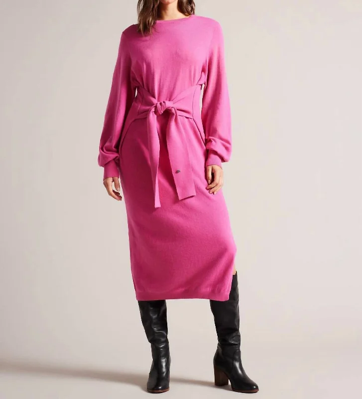 Essya Slouchy Tie Front Midi Knit Sweater Dress In Pink Tailored Straight A-Line
