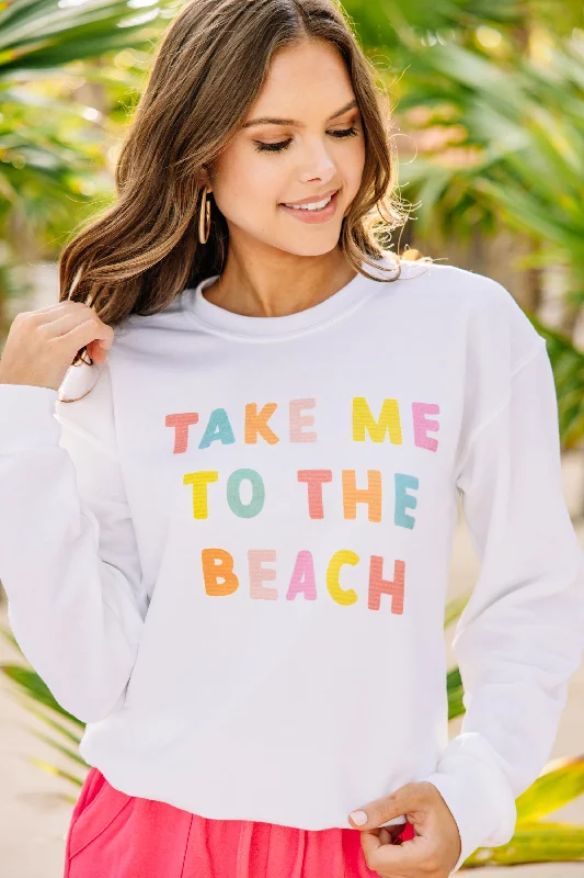 To The Beach White Graphic Sweatshirt Hoodie with Toggle Buttons Decorative Unique