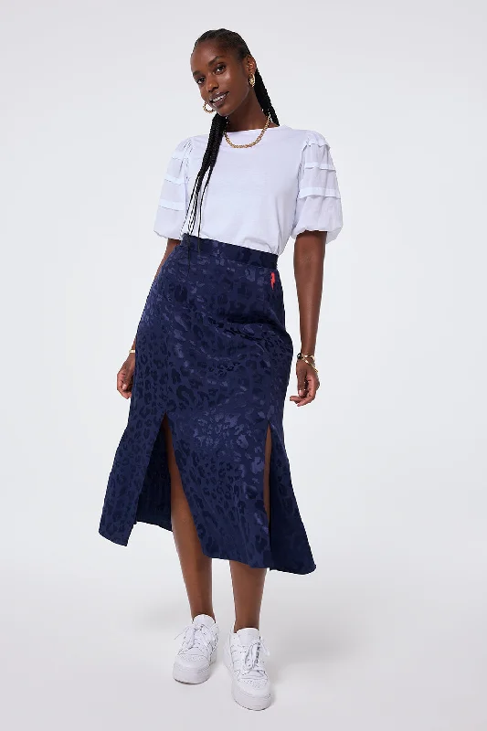 Navy Jacquard Leopard Split Front Skirt velvet skirt luxury