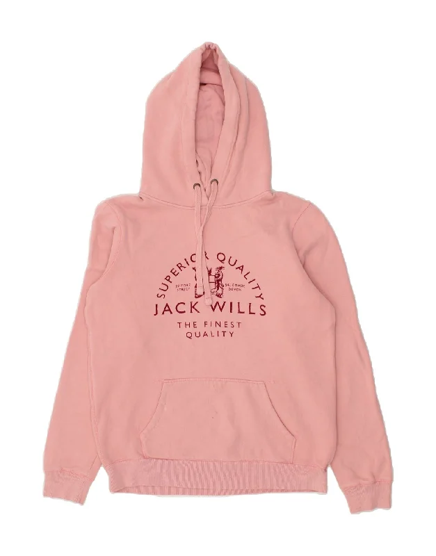 JACK WILLS Womens Graphic Hoodie Jumper UK 12 Medium Pink Cotton Hooded Sweatshirt Casual Wear Street Style