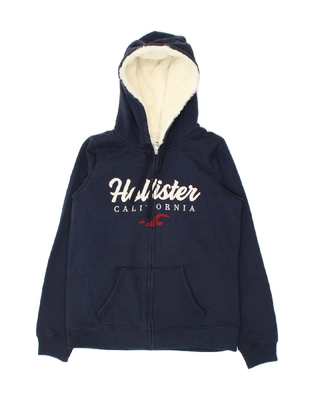 HOLLISTER Womens Graphic Zip Hoodie Sweater UK 10 Small Navy Blue Cotton Mesh Blend Leather Blend Suede Blend HOLLISTER Womens Graphic Zip Hoodie Sweater UK 10 Small Navy Blue Cotton Mesh Blend Leather Blend Suede Blend