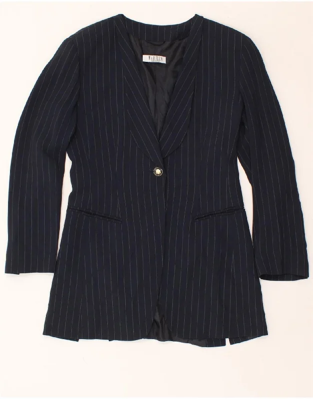 MARELLA Womens 1 Button Blazer Jacket UK 10 Small Navy Blue Pinstripe Collared Jacket Crew Neck Jacket Turtle Neck Jacket MARELLA Womens 1 Button Blazer Jacket UK 10 Small Navy Blue Pinstripe Collared Jacket Crew Neck Jacket Turtle Neck Jacket