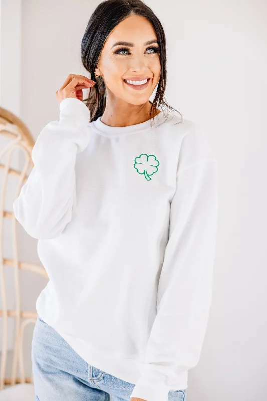 Just A Little Luck White Embroidered Sweatshirt Hoodie with Cropped Fit Short Trendy Just A Little Luck White Embroidered Sweatshirt Hoodie with Cropped Fit Short Trendy