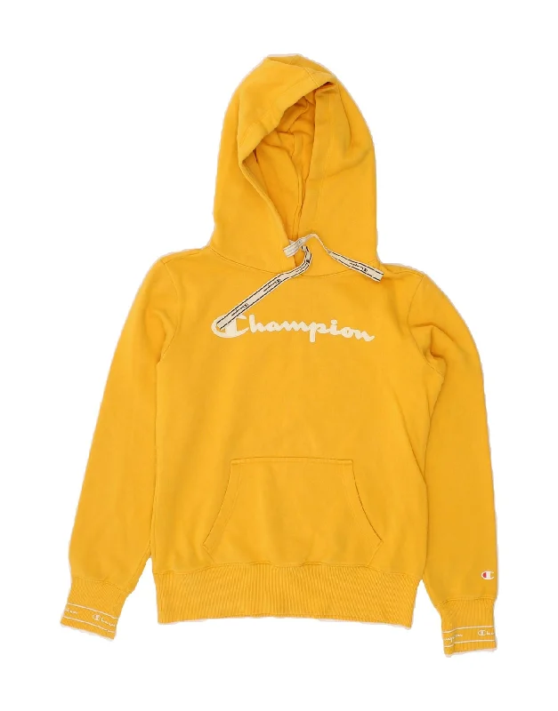 CHAMPION Womens Graphic Hoodie Jumper UK 10 Small Yellow Cotton Hoodie with Bell Sleeves Flared Feminine