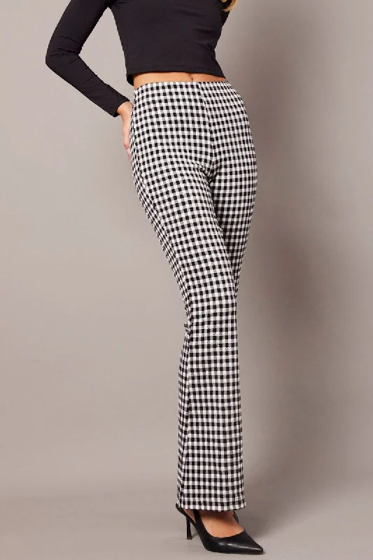 Black Check Flare Leg Pants High Rise Casual Yoga Pants